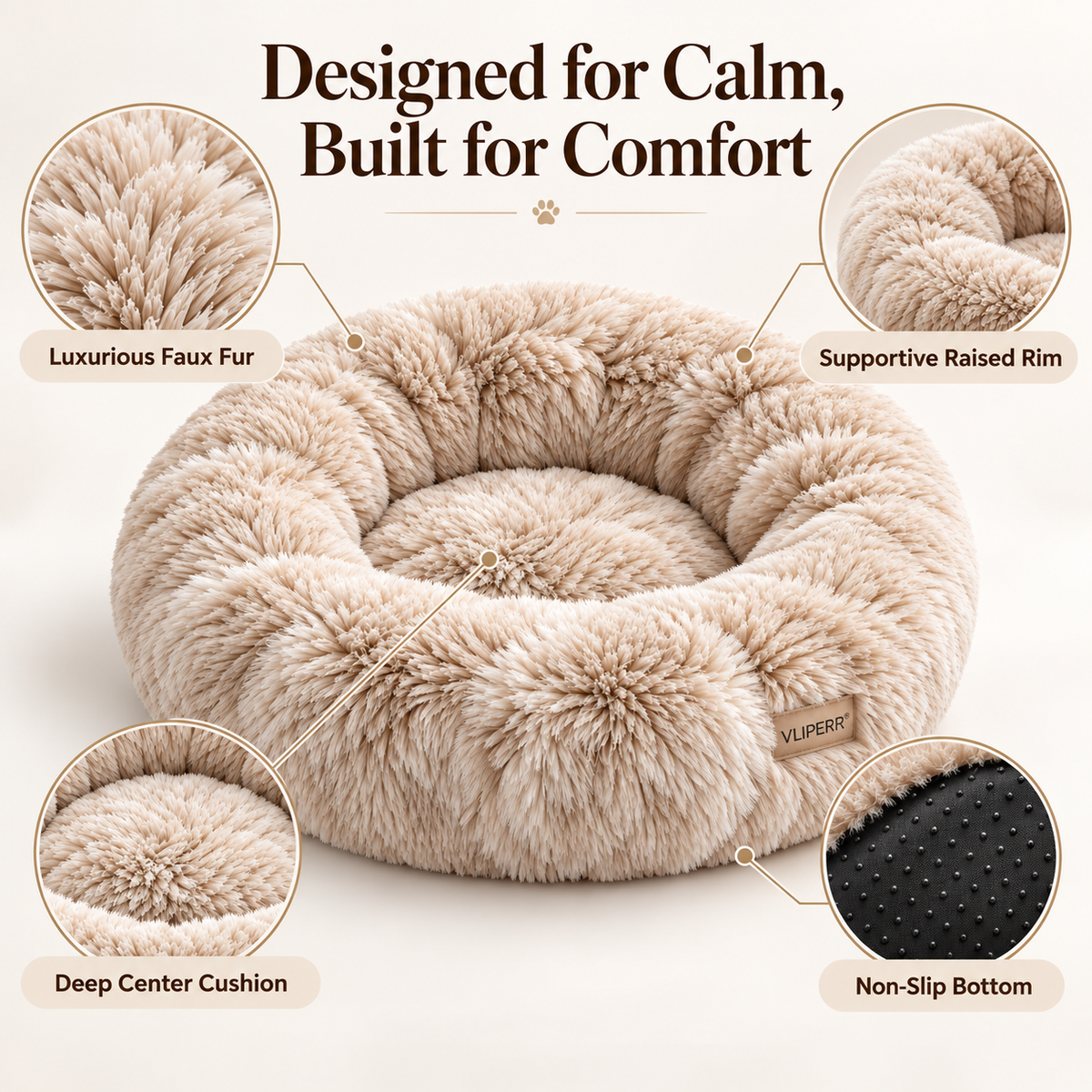 VLIPERR® CalmNest Washable Plush Calming Pet Bed