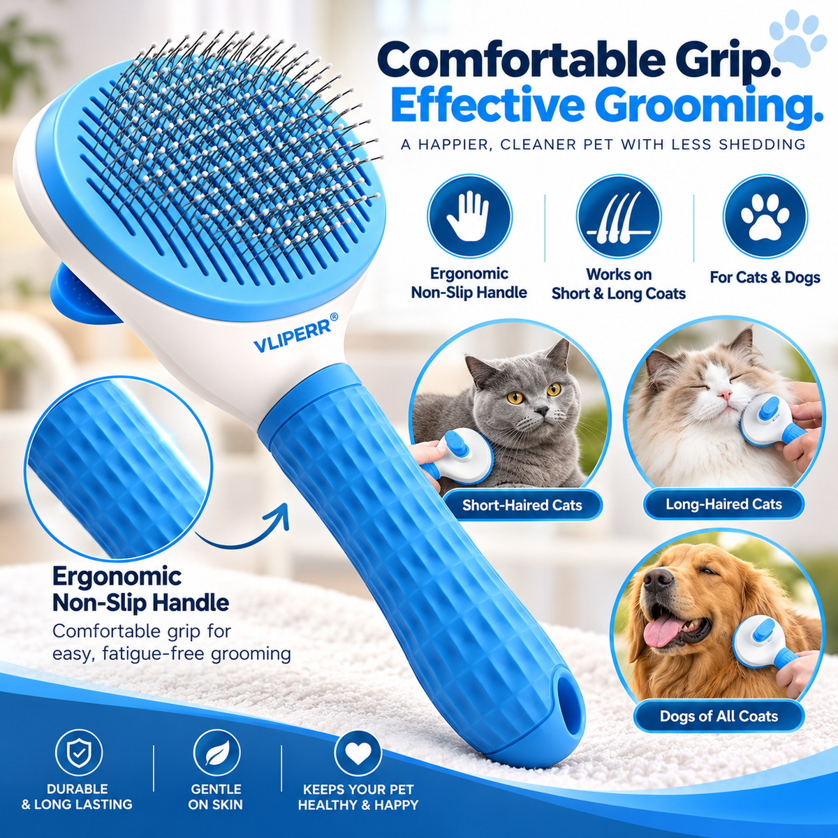 VLIPERR® ShedEase One-Click Self-Cleaning Pet Grooming Brush