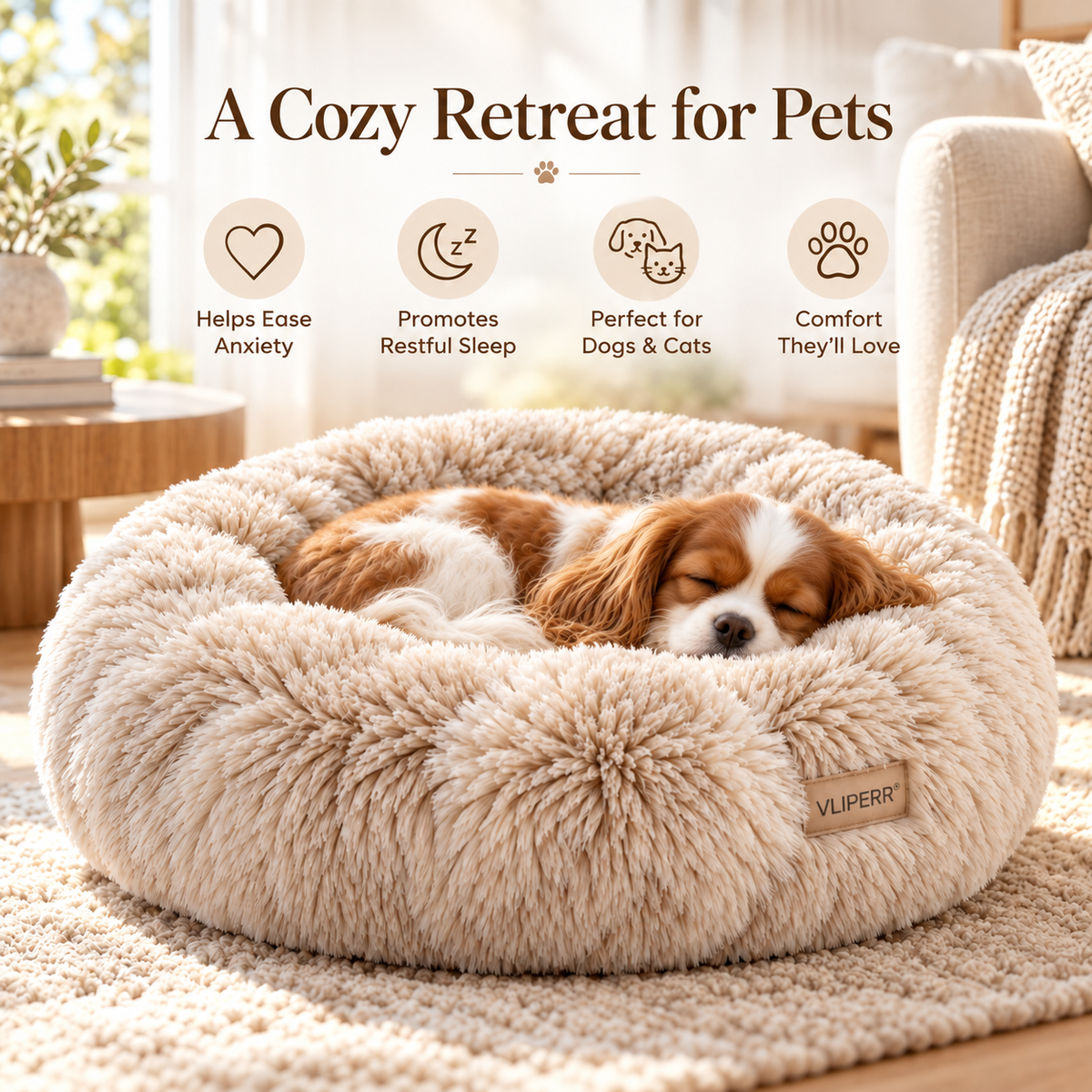 VLIPERR® CalmNest Washable Plush Calming Pet Bed